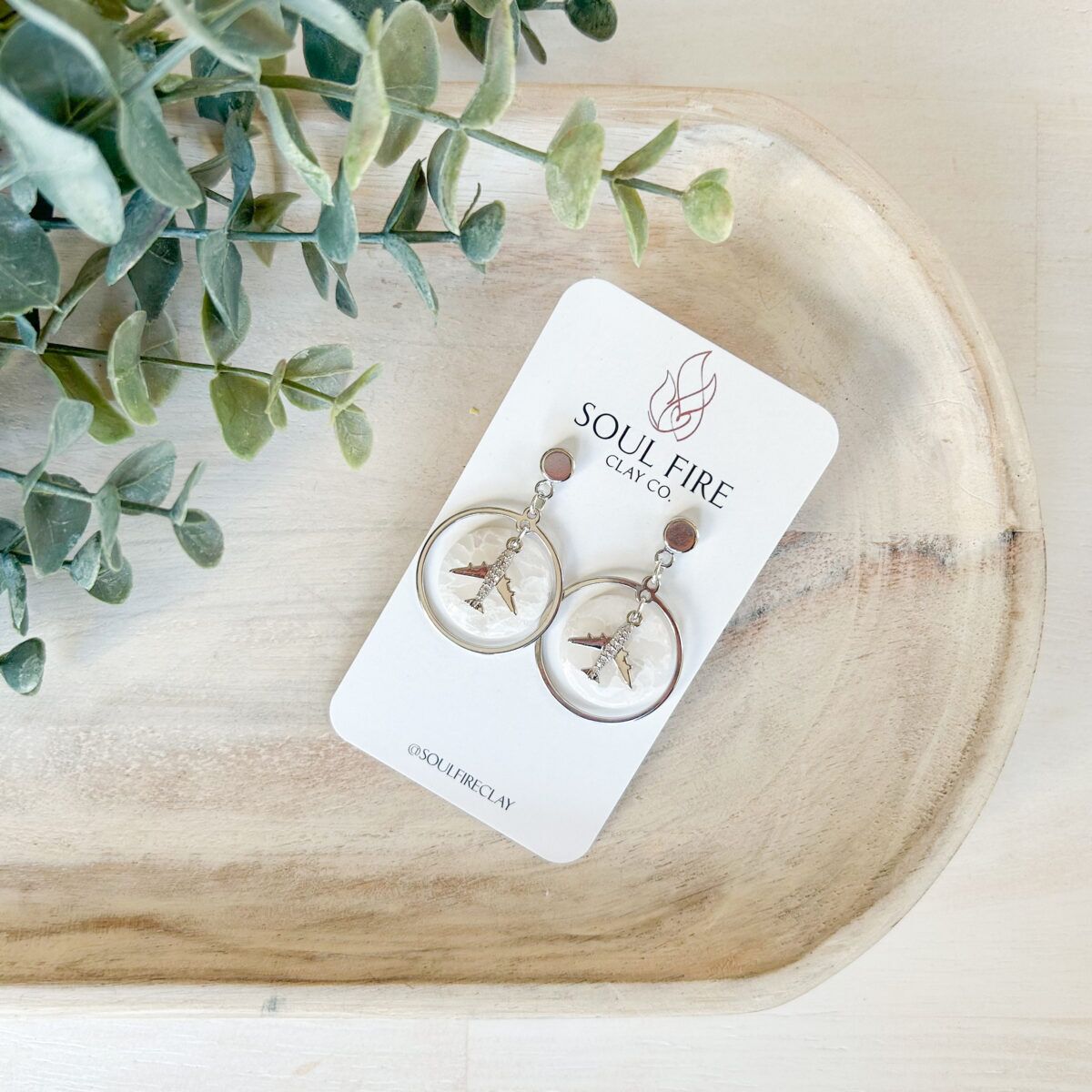 Soul Fire Clay Earrings - Framed Circle with Airplane - Image 2